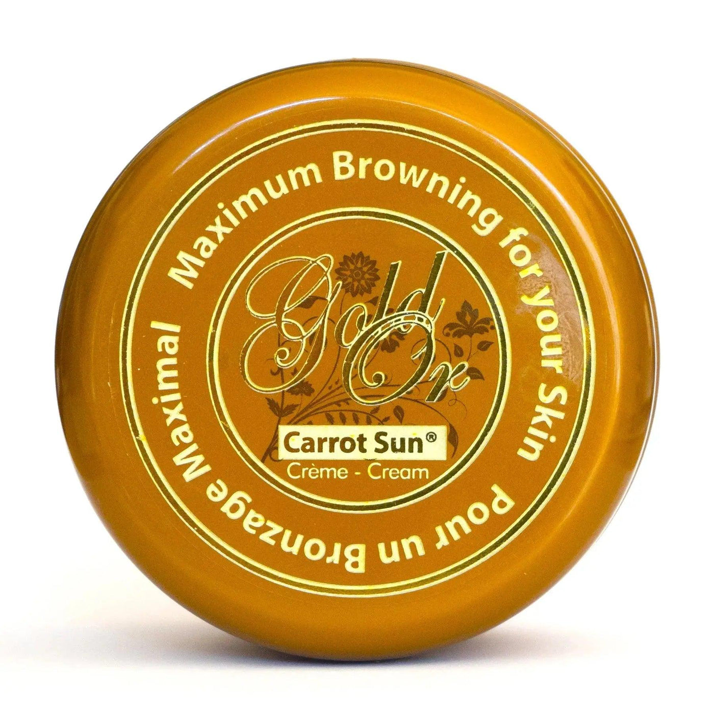 Gold tan accelerating cream by Carrot Sun in a round jar, perfect for achieving a deep, natural tan with moisturizing benefits.