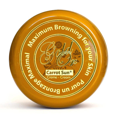 Gold tan accelerating cream by Carrot Sun in a round jar, perfect for achieving a deep, natural tan with moisturizing benefits.