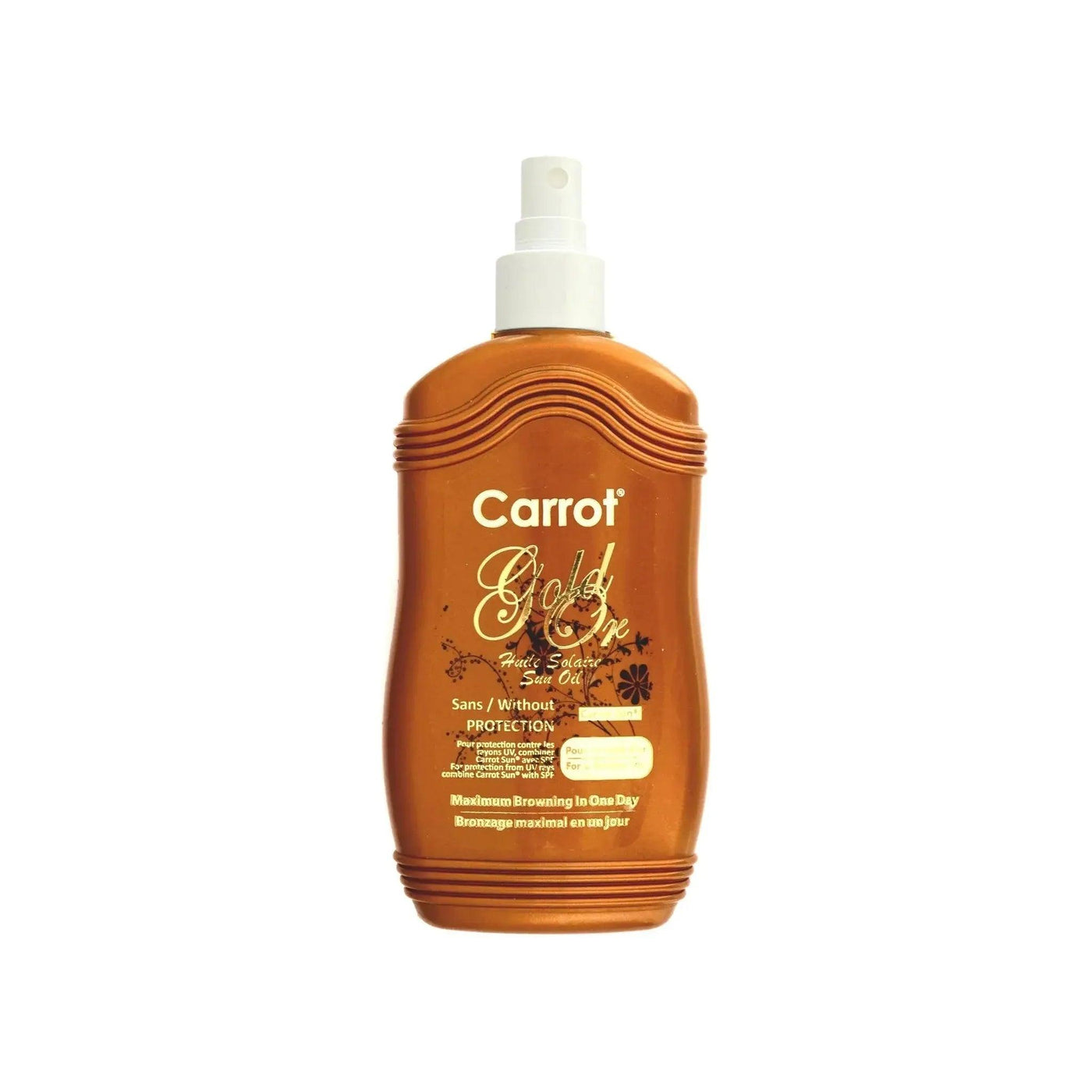 Gold spray oil in a 200ml bottle for optimal tanning, enriched with L-Tyrosine and almond oil for skin hydration.