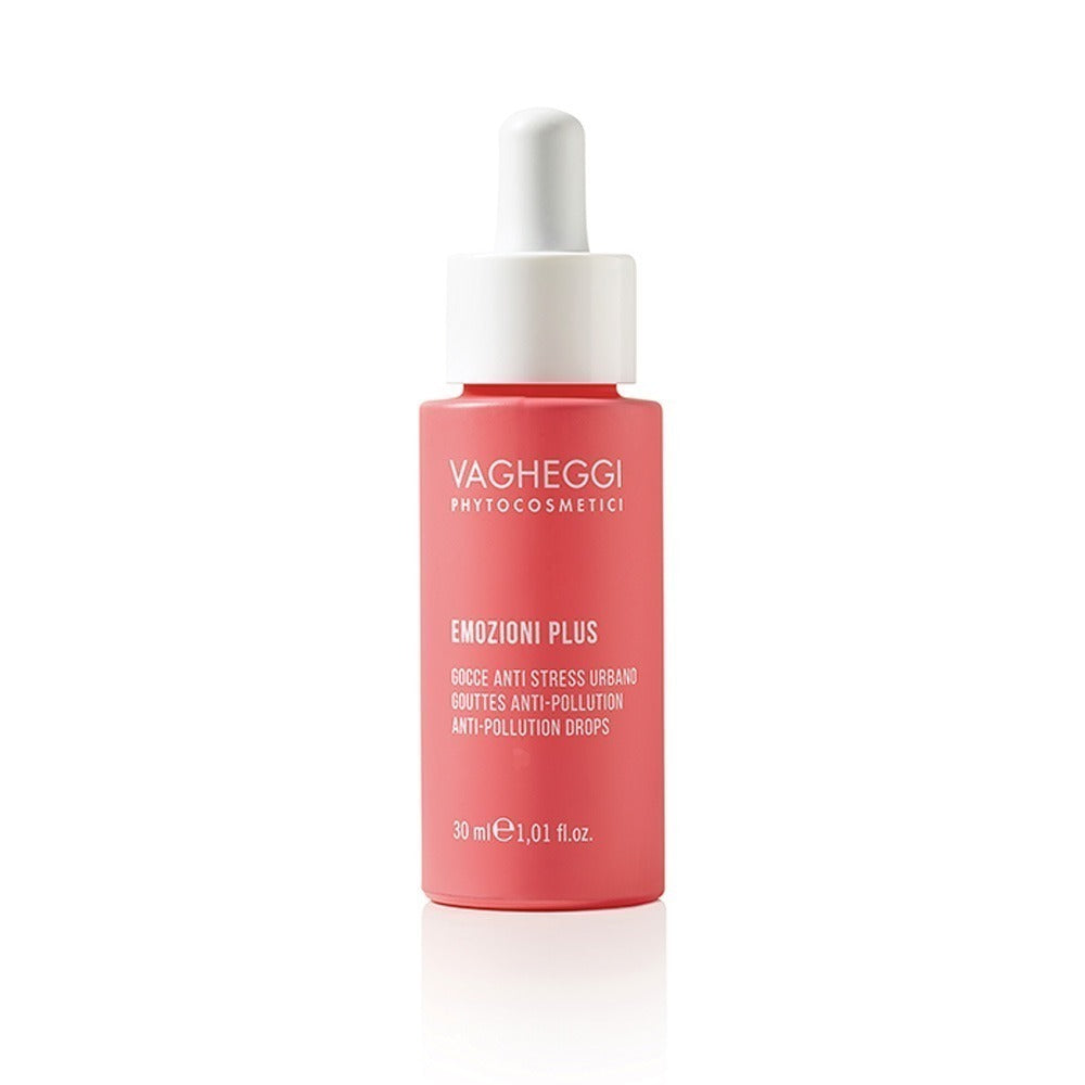 Emozioni Plus Anti-Pollution Drops SPF 50+ by Vagheggi in a 30ml dropper bottle for daily skin protection.
