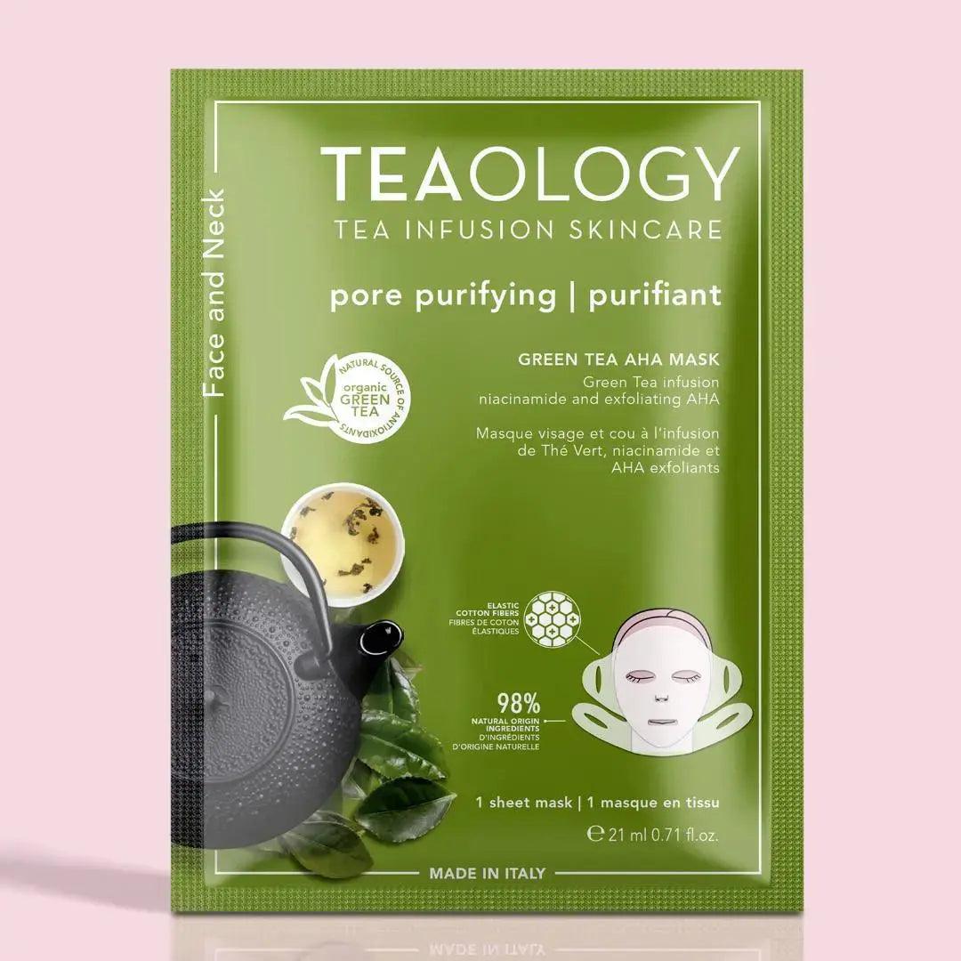 Green Tea AHA Pore Purifying Sheet Mask packaging, featuring tea infusion and skin benefits, made in Italy.