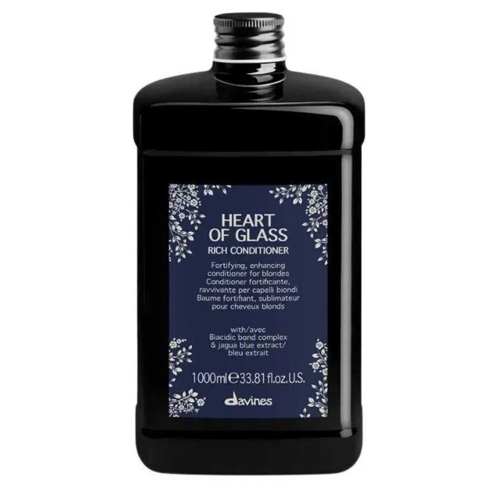 Heart of Glass Rich Conditioner by Davines, 1000ml bottle for bleached and damaged hair hydration and nourishment.