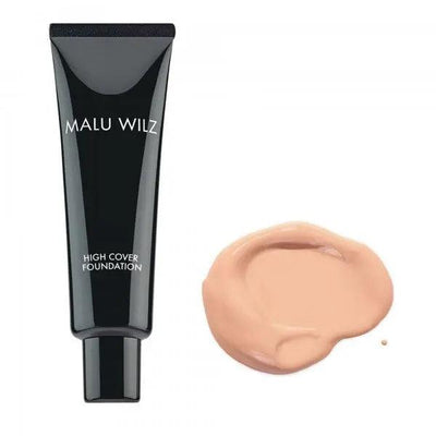 Malu Wilz High Coverage Foundation tube alongside a swatch of foundation for a flawless complexion.