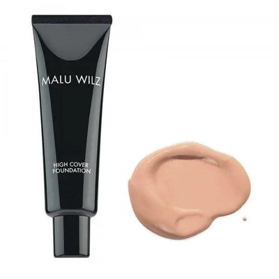 Malu Wilz High Coverage Foundation tube next to a swatch of foundation, showcasing its natural finish and flawless coverage.