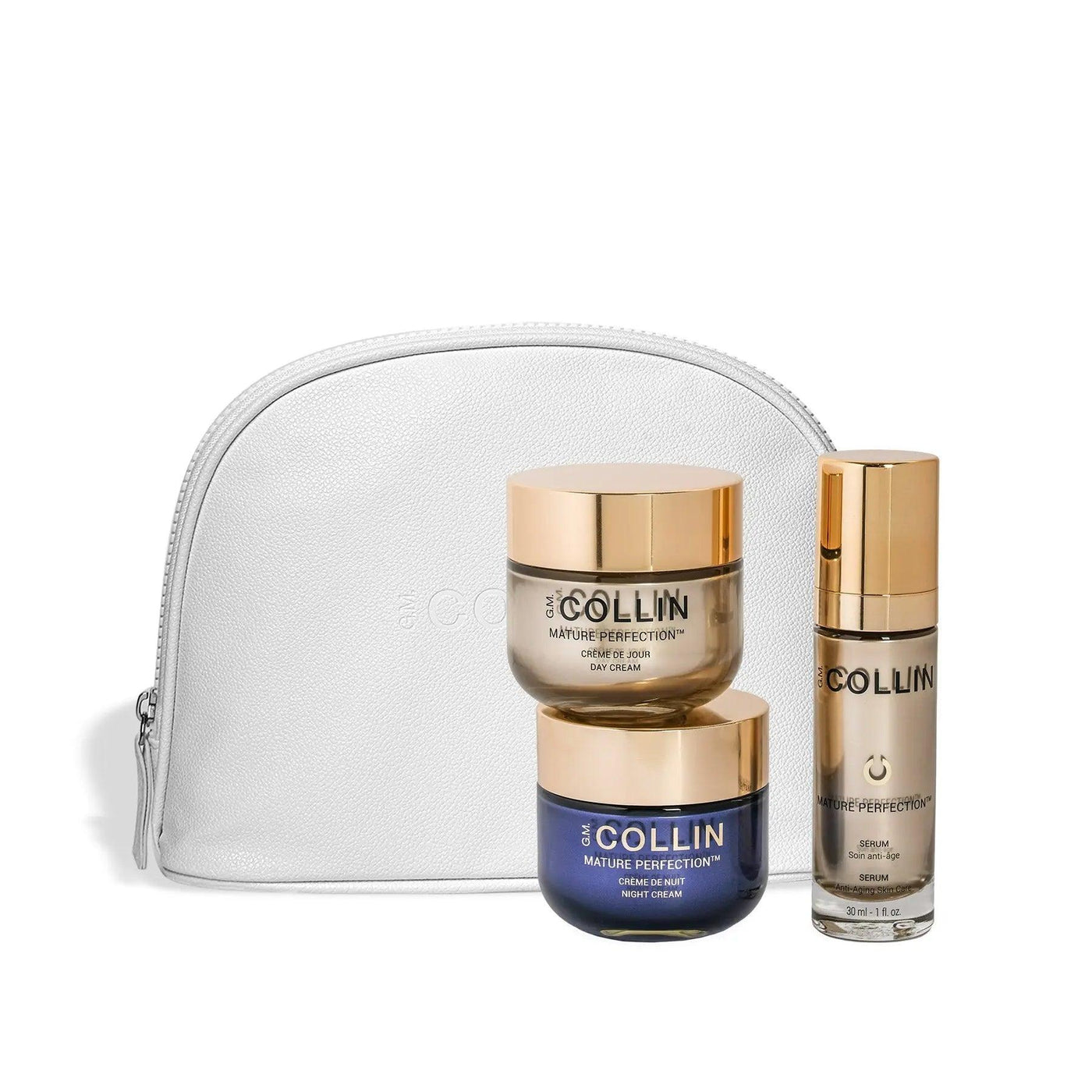 Holiday Perfection gift set for mature skin featuring day cream, night cream, serum, and vegan leather pouch.