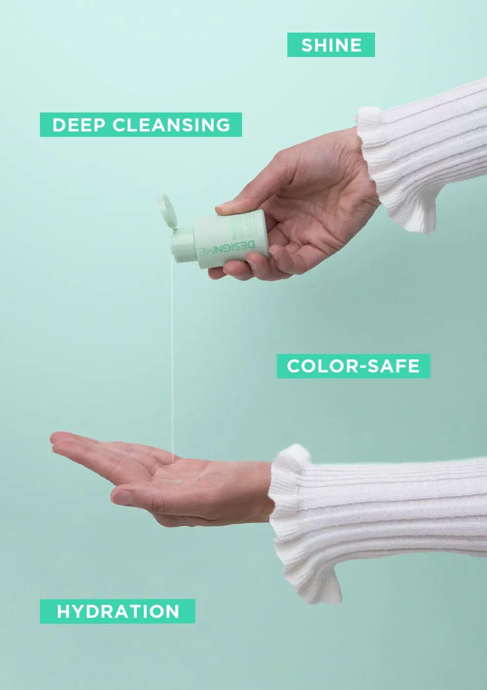 Woman's hand pouring hydrating shampoo with text highlights for shine, deep cleansing, color-safe, and hydration.