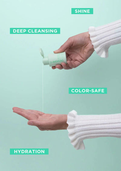 Woman's hand pouring hydrating shampoo with text highlights for shine, deep cleansing, color-safe, and hydration.