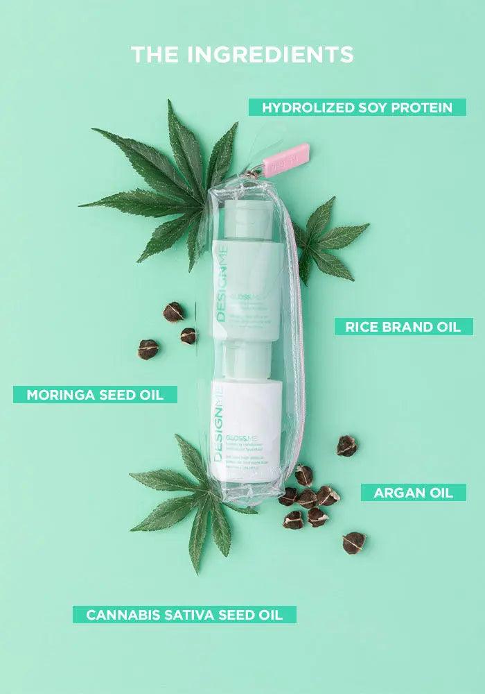 Hydrating shampoo and conditioner ingredients: hydrolyzed soy protein, rice bran oil, moringa seed oil, argan oil, cannabis sativa seed oil.
