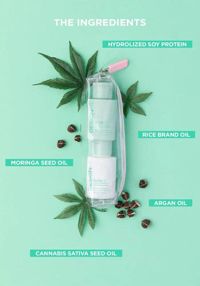 Hydrating shampoo and conditioner ingredients: hydrolyzed soy protein, rice bran oil, moringa seed oil, argan oil, cannabis sativa seed oil.