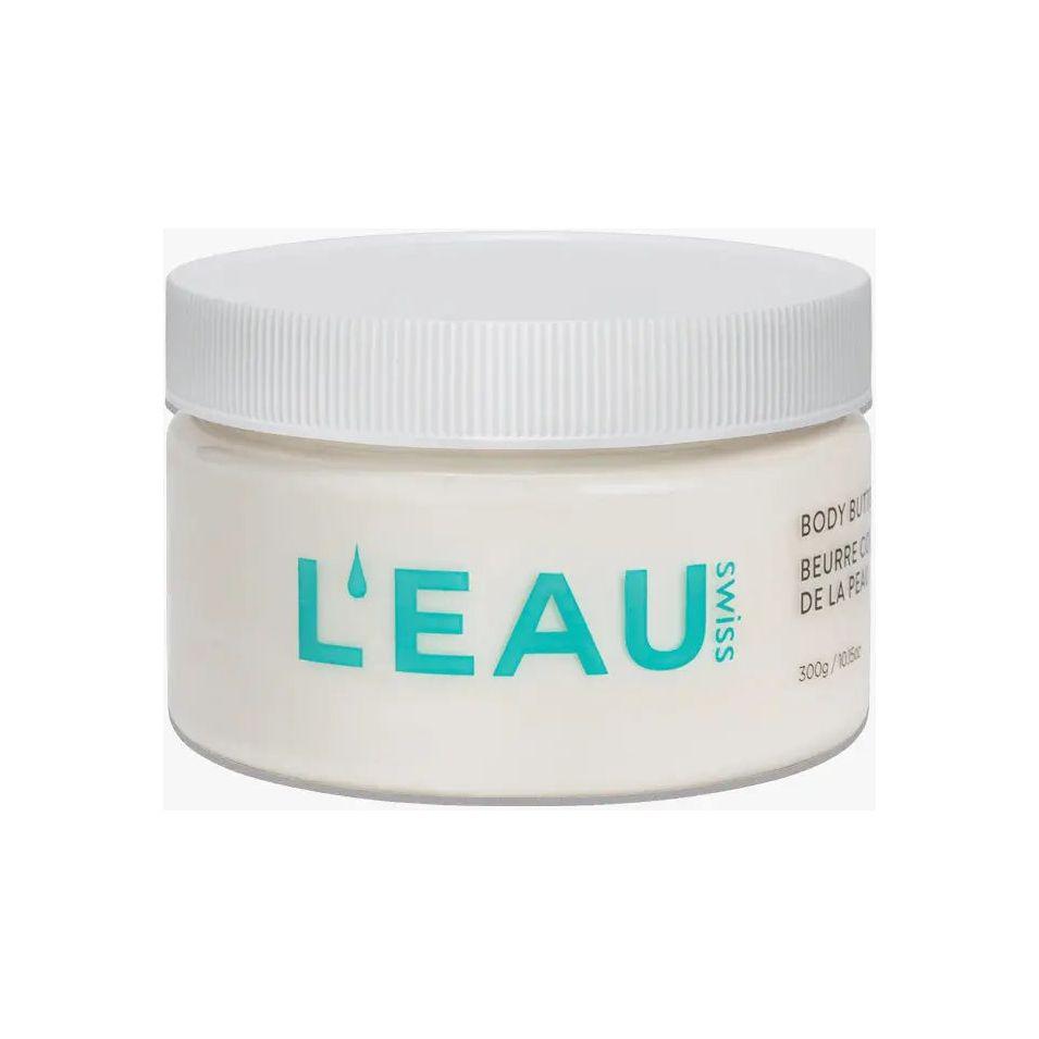 Hydration body butter in a white jar with turquoise lettering, designed for intense skin moisture and care.