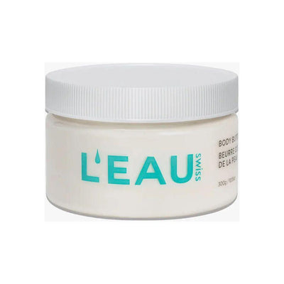 Hydration body butter in a white jar with turquoise lettering, designed for intense skin moisture and care.