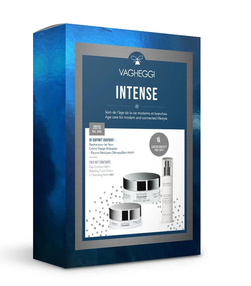 Vagheggi Intense Christmas Gift Set featuring Eye Contour Balm, Relaxing Face Cream, and Cleansing Balm in a festive box.