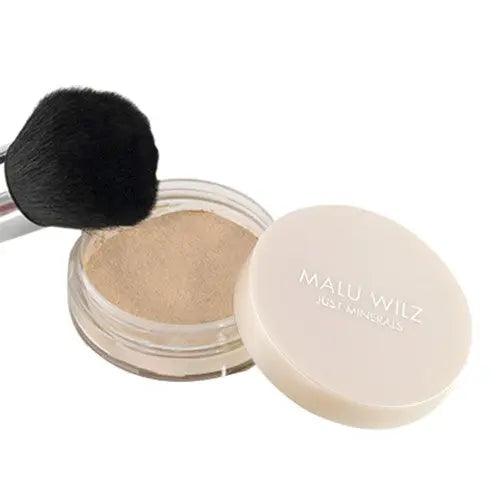 Malu Wilz Just Minerals Powder Foundation with brush, showcasing lightweight mineral formula for a flawless complexion.