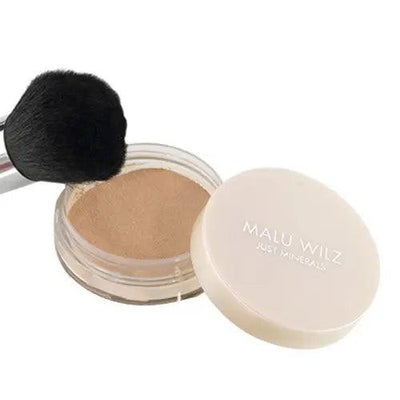 Malu Wilz Just Minerals Powder Foundation in jar with brush, offering a lightweight and natural-looking finish.