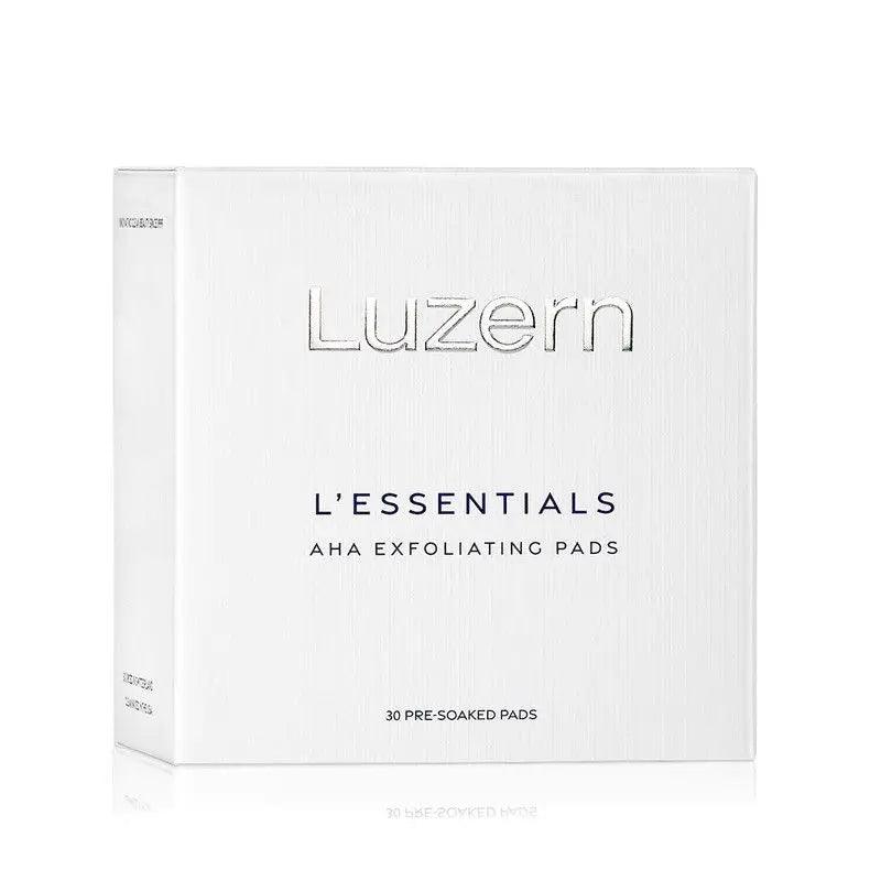 Luzern L'Essentials AHA Exfoliating Pads box, 30 pre-soaked pads for smoother, radiant skin.