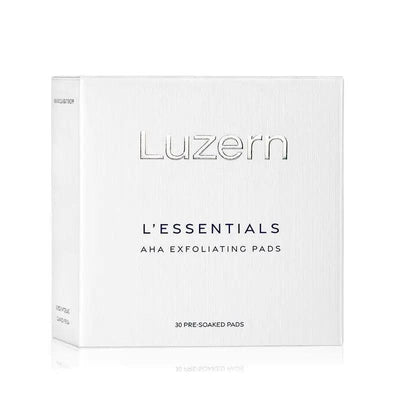 Luzern L'Essentials AHA Exfoliating Pads box, 30 pre-soaked pads for smoother, radiant skin.