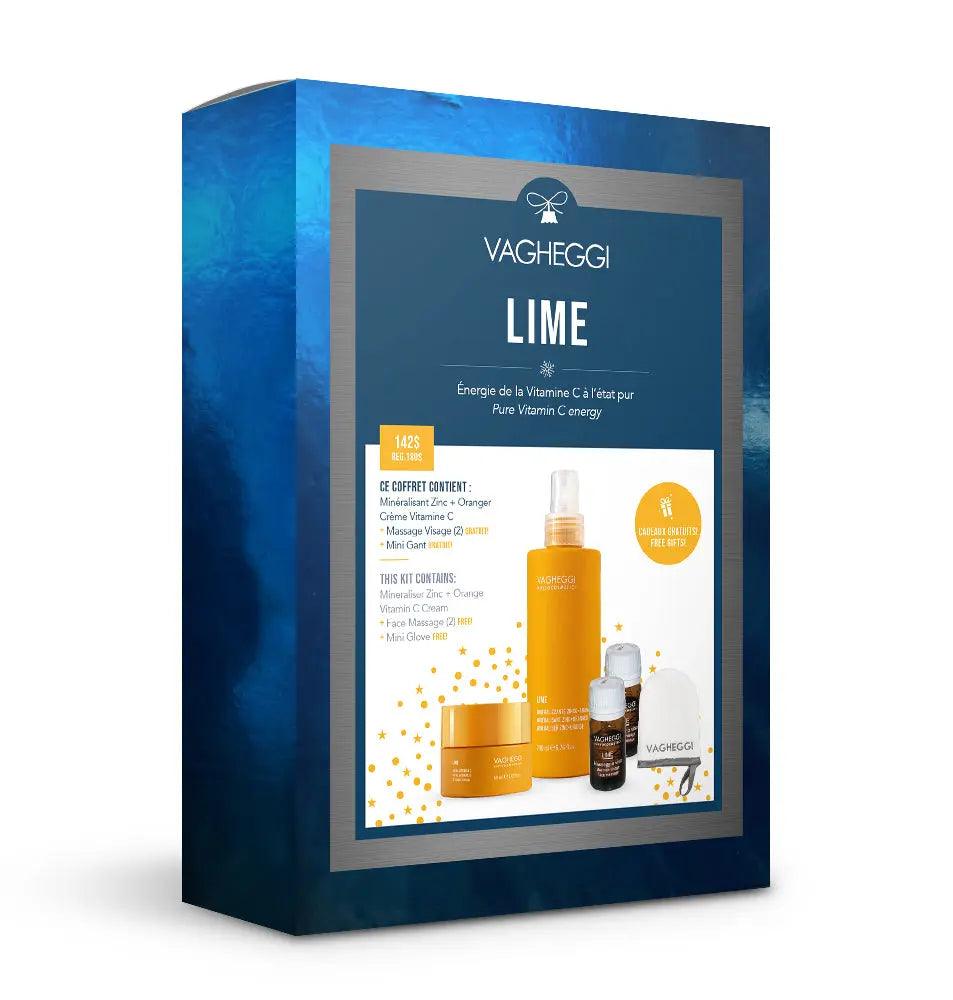 Lime Christmas Gift Set featuring mineraliser zinc and orange vitamin C cream with two vials and a mini glove.