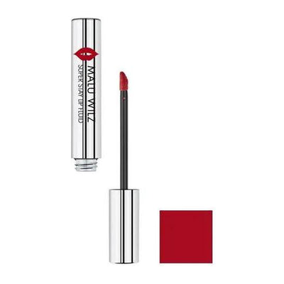 Malu Wilz Long-Lasting Lip Fluid in red shade with applicator, featuring sleek silver packaging for easy on-the-go use.