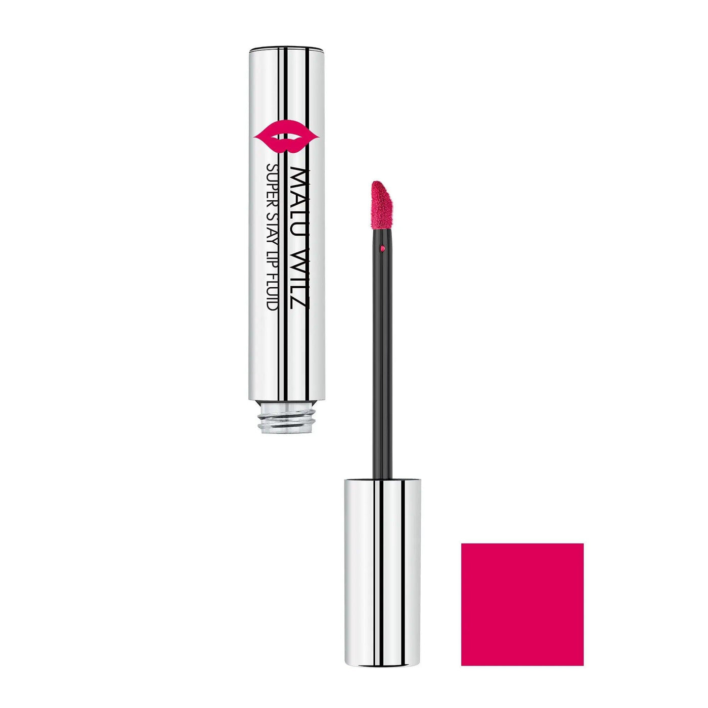 Malu Wilz Long-Lasting Lip Fluid in vibrant pink, featuring applicator and sleek silver packaging. Perfect for all-day wear.
