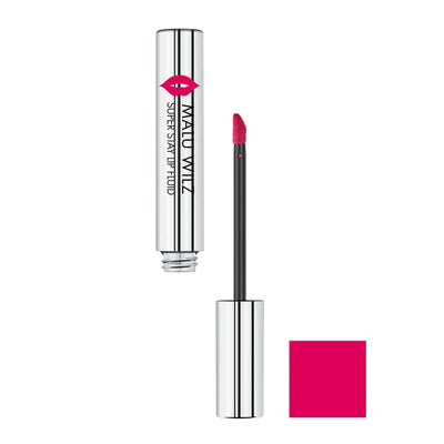 Malu Wilz Long-Lasting Lip Fluid in vibrant pink, featuring applicator and sleek silver packaging. Perfect for all-day wear.