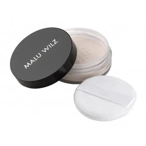 Malu Wilz Loose Setting Powder jar with translucent powder and applicator puff for a matte finish.