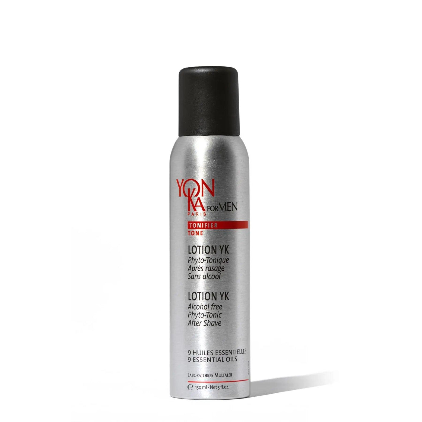Yon-Ka Lotion YK for Men in a spray can, alcohol-free after-shave with citrus essential oils for skin energizing.