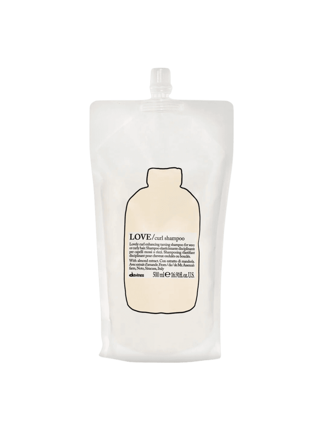 Love Curl Shampoo Refill pouch designed for wavy and curly hair, enriched with almond extract for enhanced curl definition.