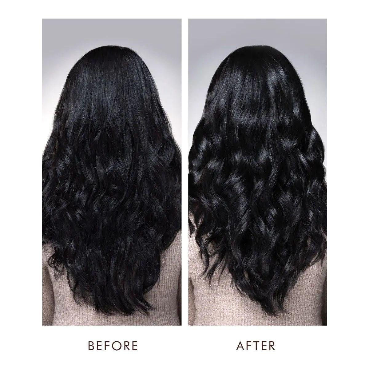 Before and after comparison of shiny, styled hair using Luminous Extra Strong Finish Hairspray for lasting hold.