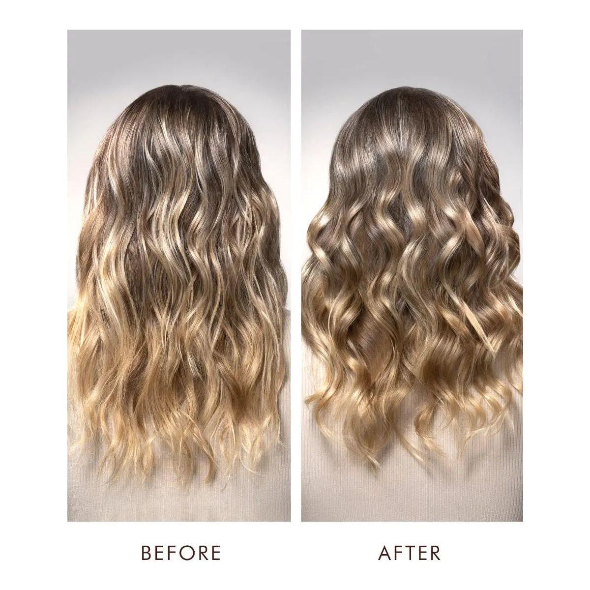 Before and after showing hair styled with Moroccanoil® Luminous Medium Finish Hairspray for shiny, defined waves.