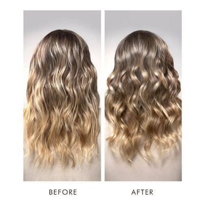 Before and after showing hair styled with Moroccanoil® Luminous Medium Finish Hairspray for shiny, defined waves.