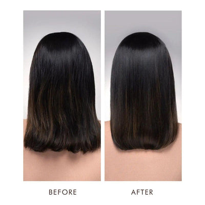 Before and after comparison showing sleek, shiny hair transformation with Luminous Strong Finish Hairspray.