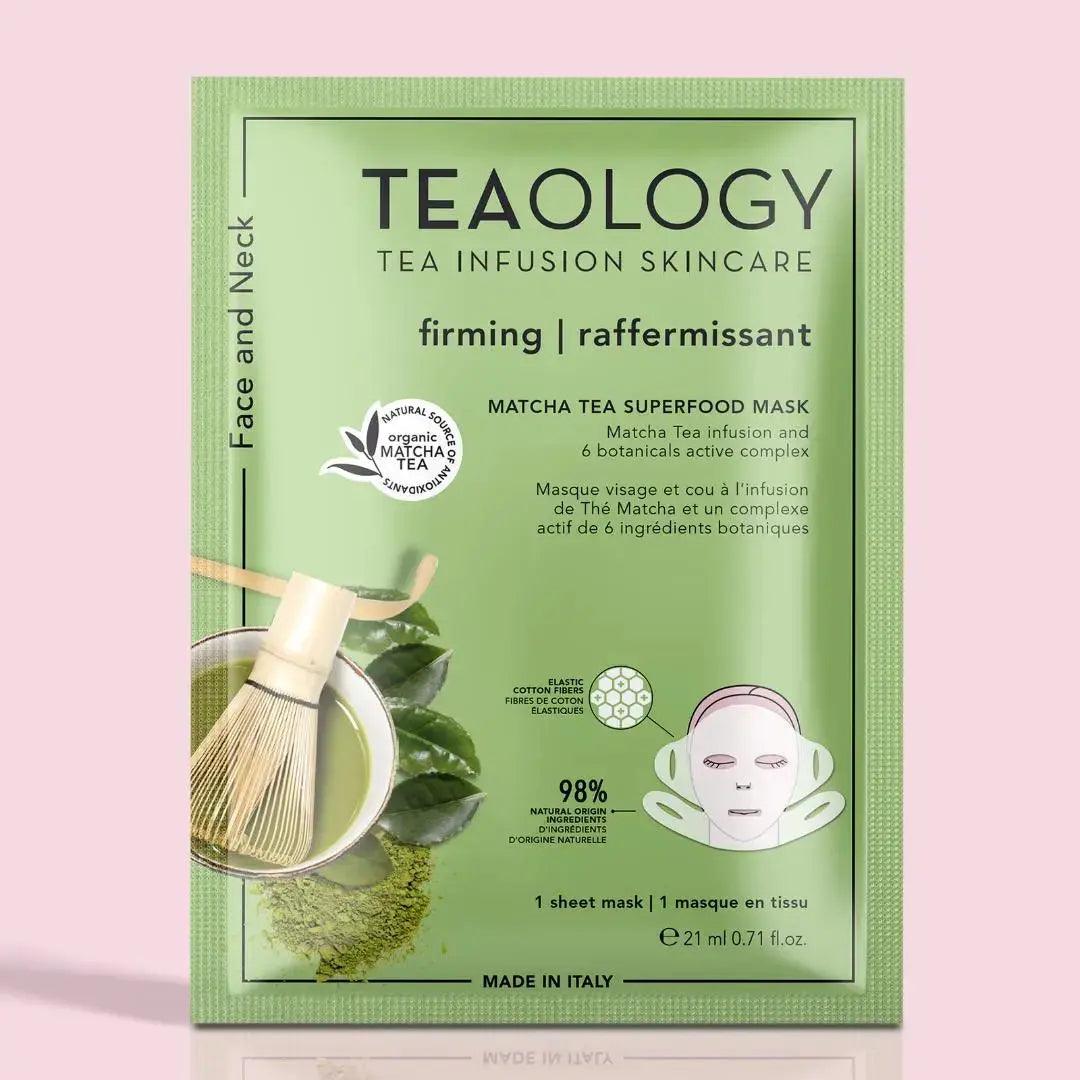 Matcha Tea Superfood Firming Sheet Mask packaging showcasing natural ingredients and skin firming benefits, made in Italy.