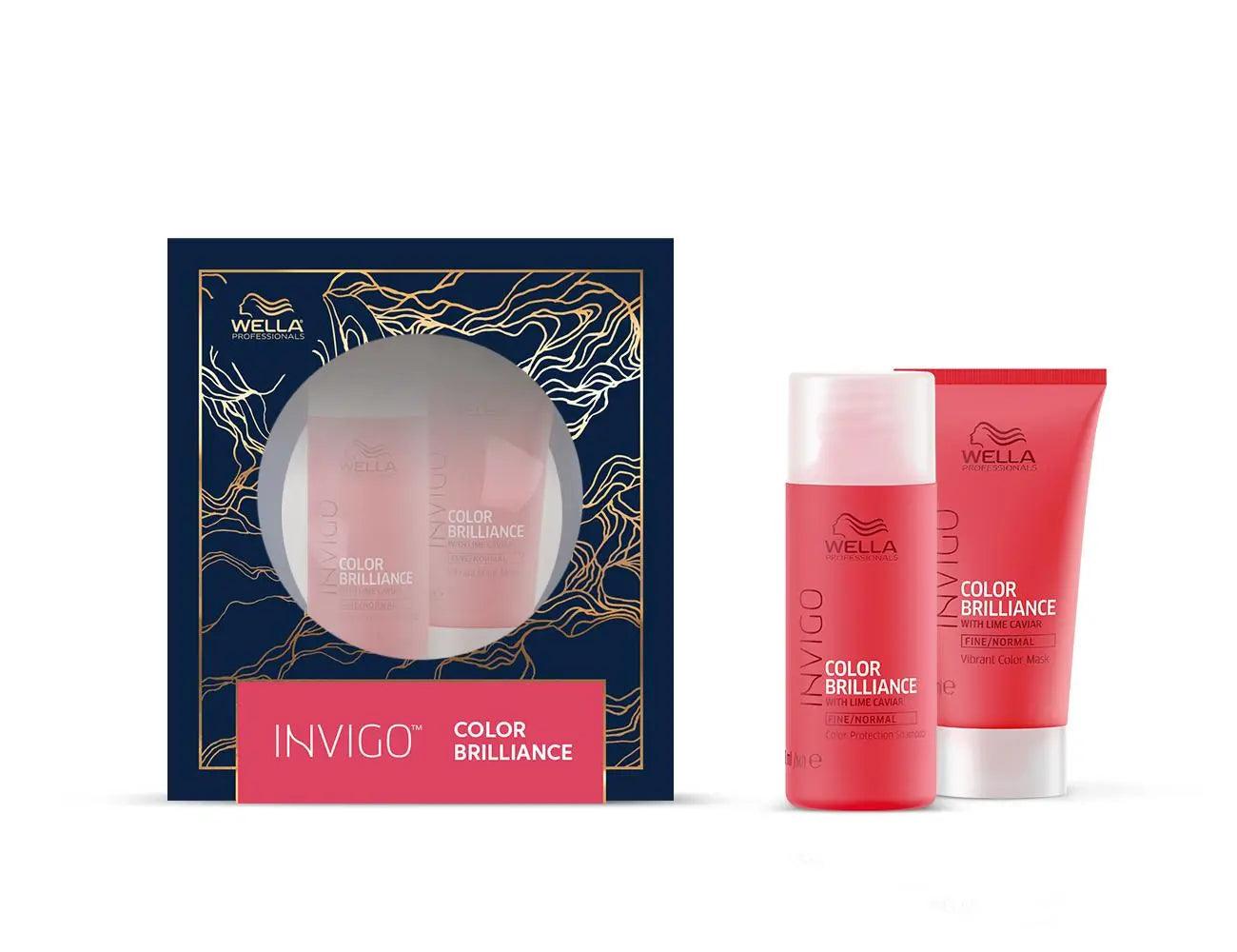 Wella Invigo Color Brilliance set featuring shampoo and conditioner for vibrant, shiny hair.