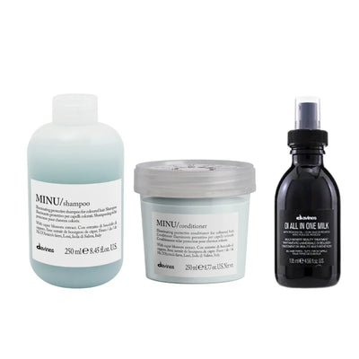 Davines Minu Oi Gift Set with Minu Shampoo, Minu Conditioner, and OI All-in-One Milk for vibrant colored hair.