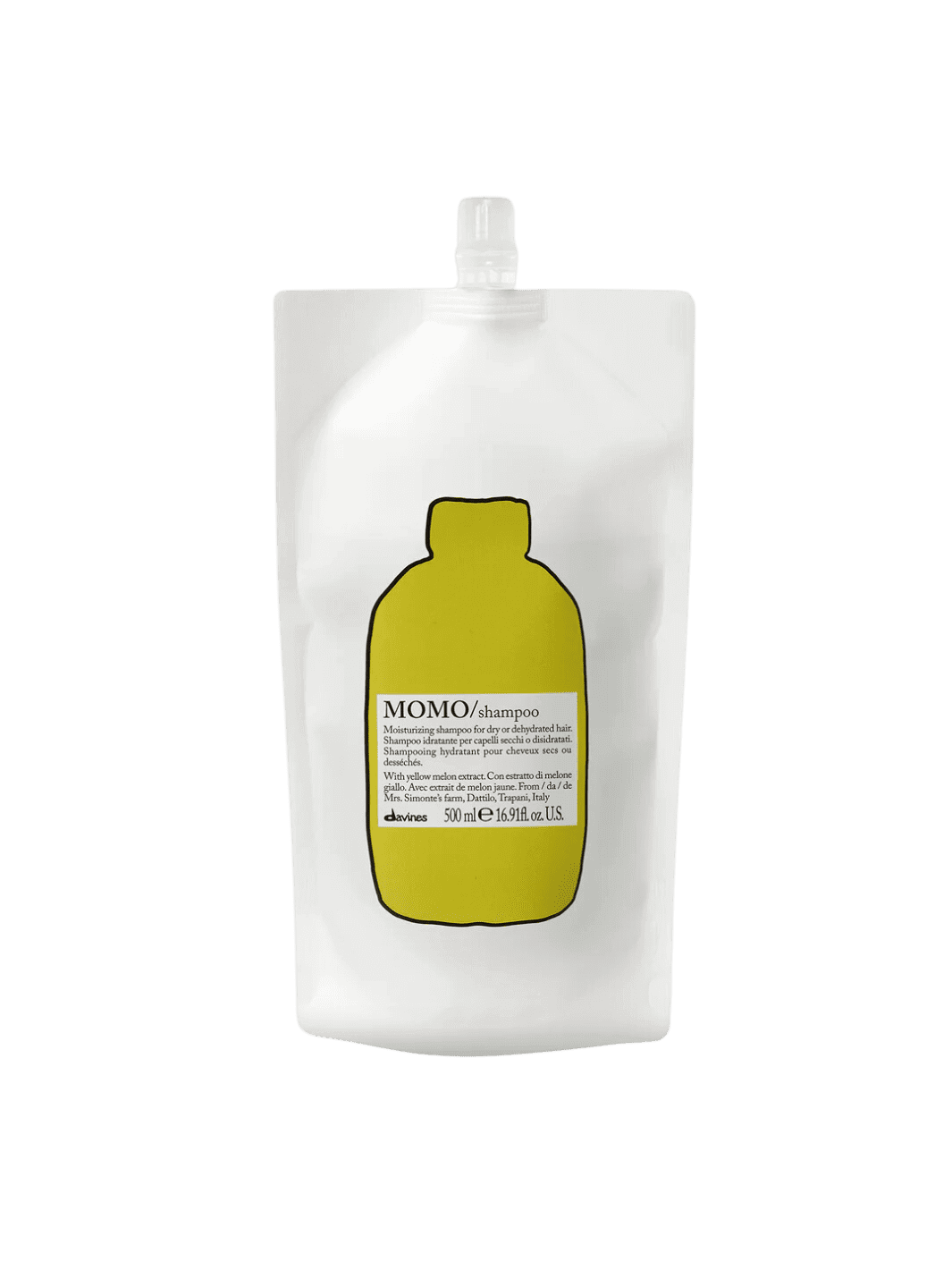 Momo Shampoo Refill pouch with yellow melon extract for intense hydration and moisture for dry hair.
