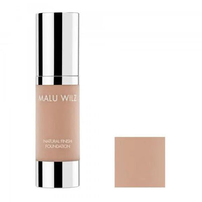 Malu Wilz Natural Finish Foundation (30ml) bottle with a light beige shade swatch, showcasing a flawless complexion.