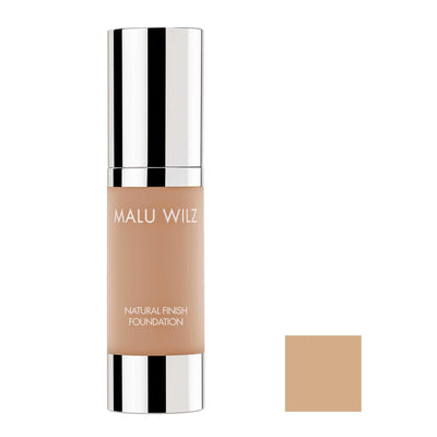 Malu Wilz Natural Finish Foundation 30ml bottle with soft beige shade swatch, offering a flawless, radiant complexion.