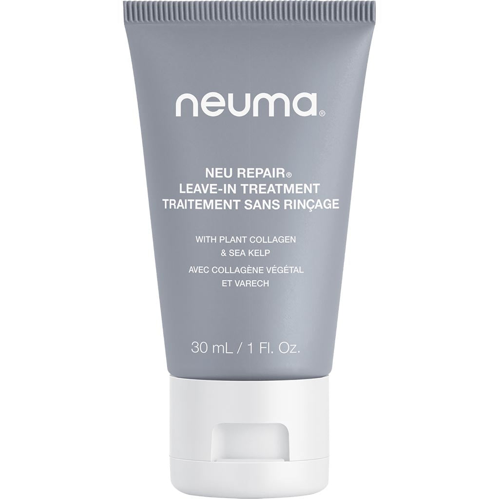 Neu Repair Leave-in Treatment tube with plant collagen and sea kelp for nourishing and revitalizing damaged hair.