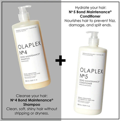 Olaplex Nº.4 Bond Maintenance Shampoo and Nº.5 Conditioner for hydrating and repairing damaged hair.