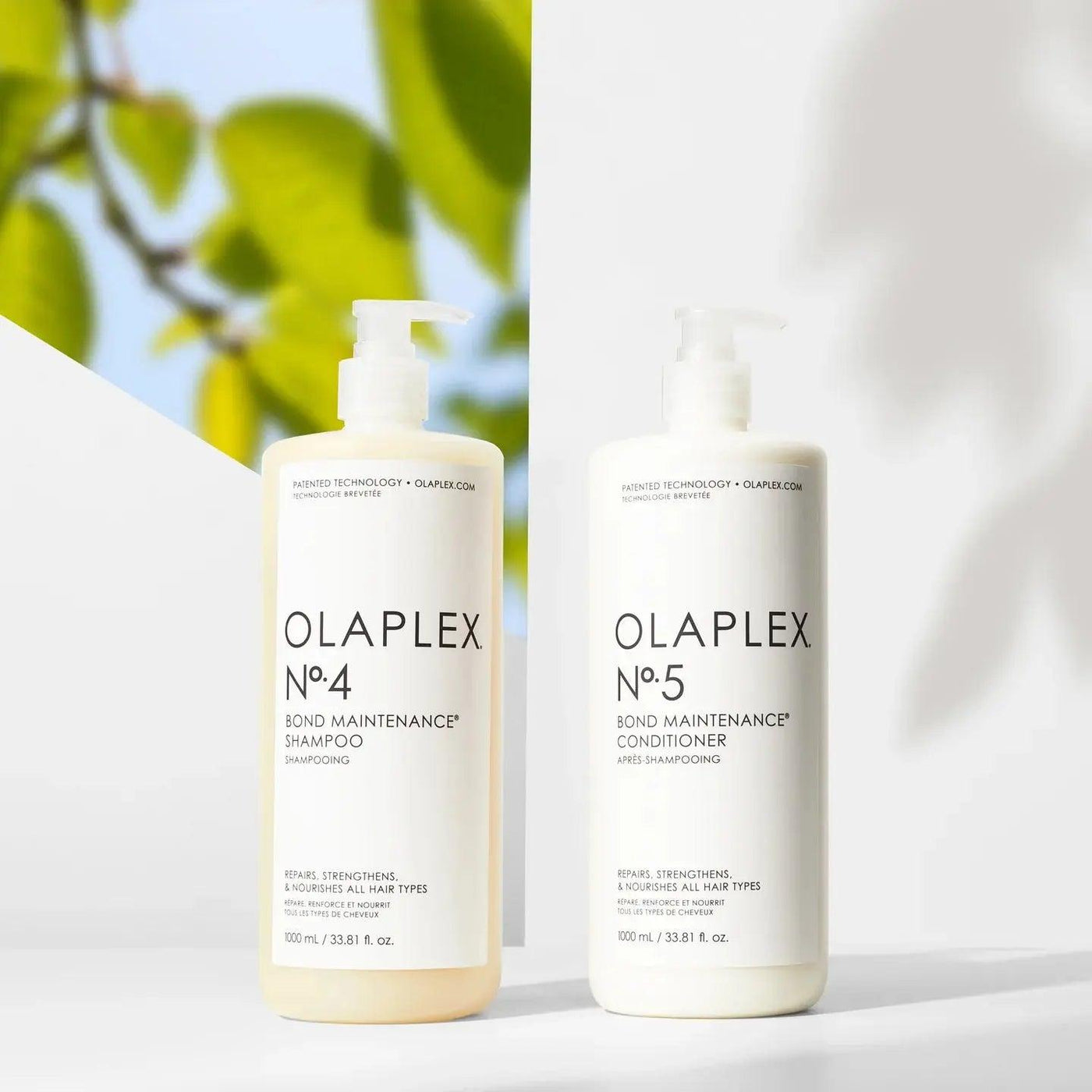 Olaplex Nº.4 Bond Maintenance Shampoo and Nº.5 Conditioner for all hair types, repairing and hydrating color-treated hair.