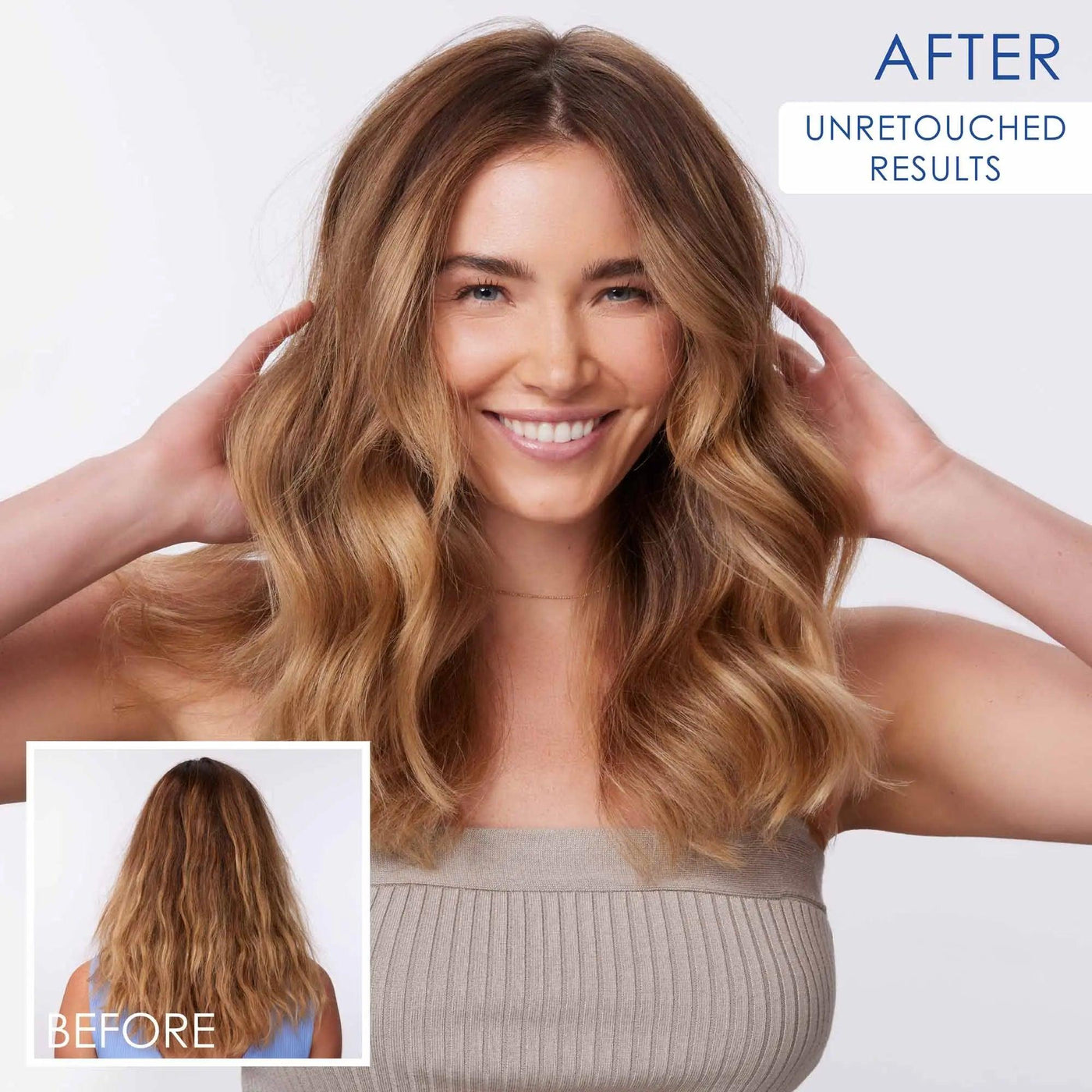 Before and after image showcasing the results of Olaplex No. 4C Bond Maintenance Clarifying Shampoo on healthy, shiny hair.
