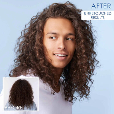 Before and after results showcasing healthy, defined curls with Olaplex No. 4C Bond Maintenance Clarifying Shampoo.