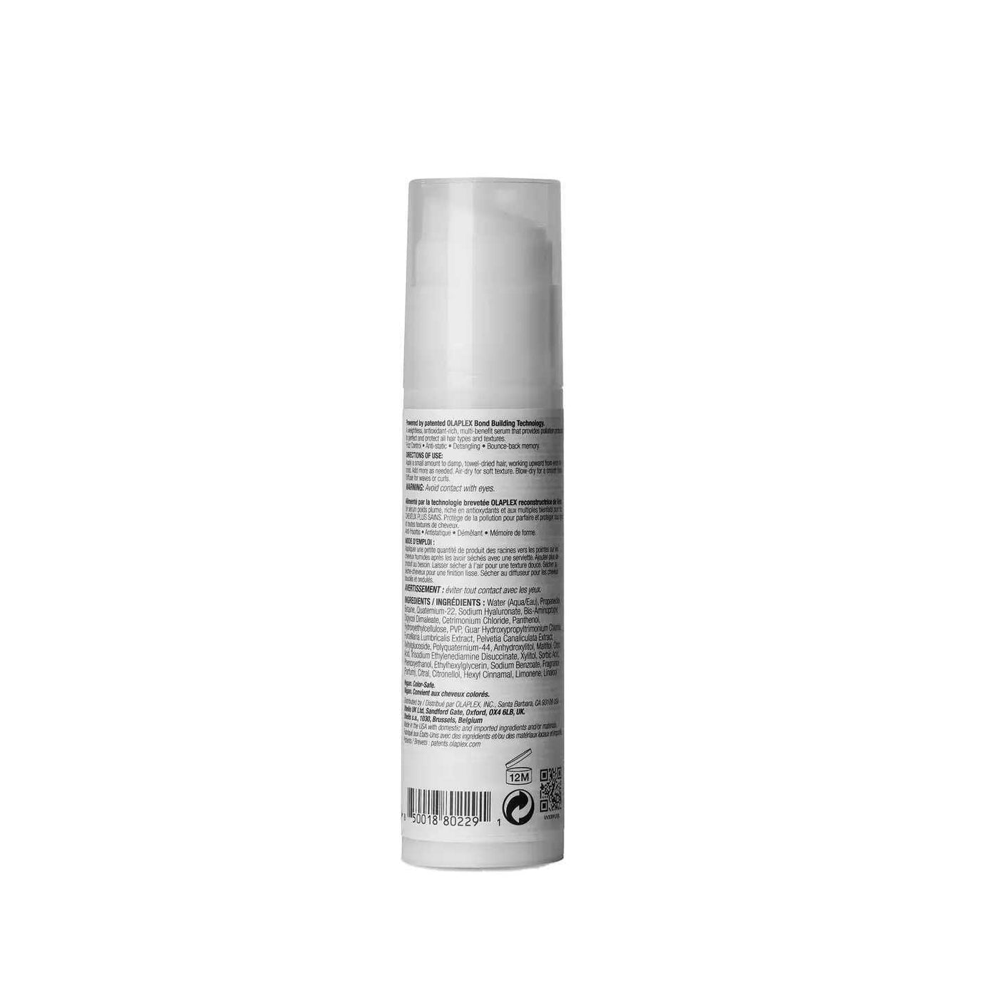 Back view of Olaplex No.9 Bond Protector Nourishing Hair Serum bottle showing product details and ingredients.