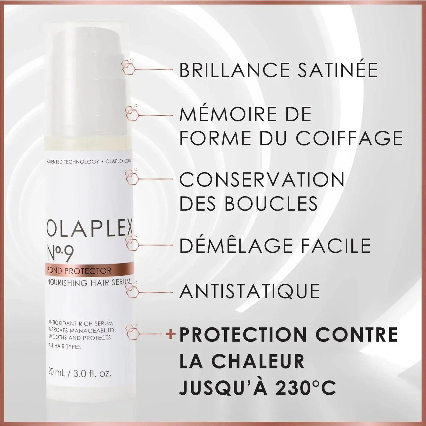 Olaplex No.9 Bond Protector Nourishing Hair Serum, moisturizing formula, heat protection up to 230°C, suitable for all hair types.