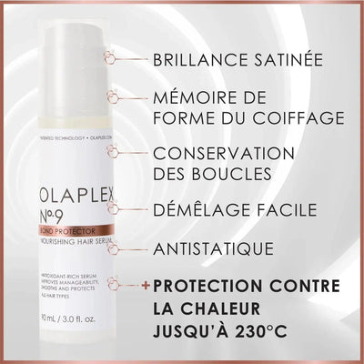 Olaplex No.9 Bond Protector Nourishing Hair Serum, moisturizing formula, heat protection up to 230°C, suitable for all hair types.