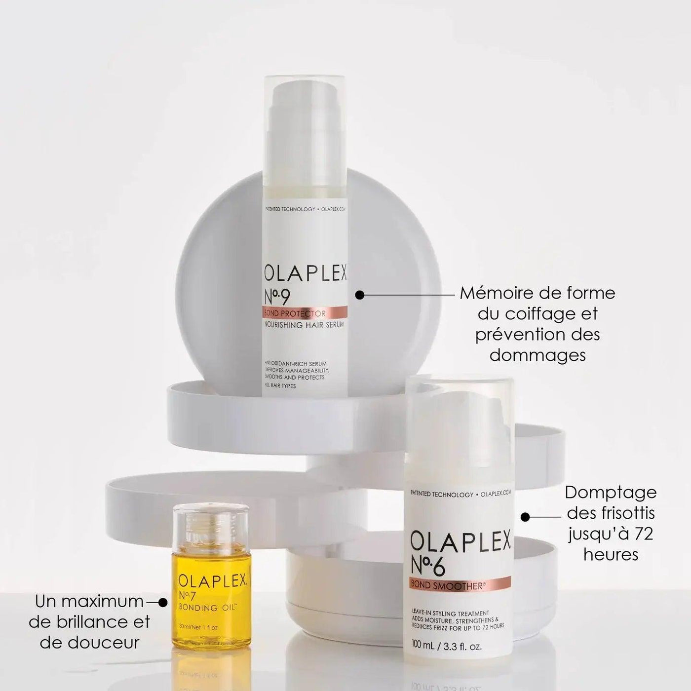 Olaplex No.9 Bond Protector Nourishing Hair Serum and No.6 styling products displayed on a modern pedestal.