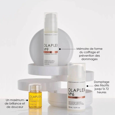 Olaplex No.9 Bond Protector Nourishing Hair Serum and No.6 styling products displayed on a modern pedestal.
