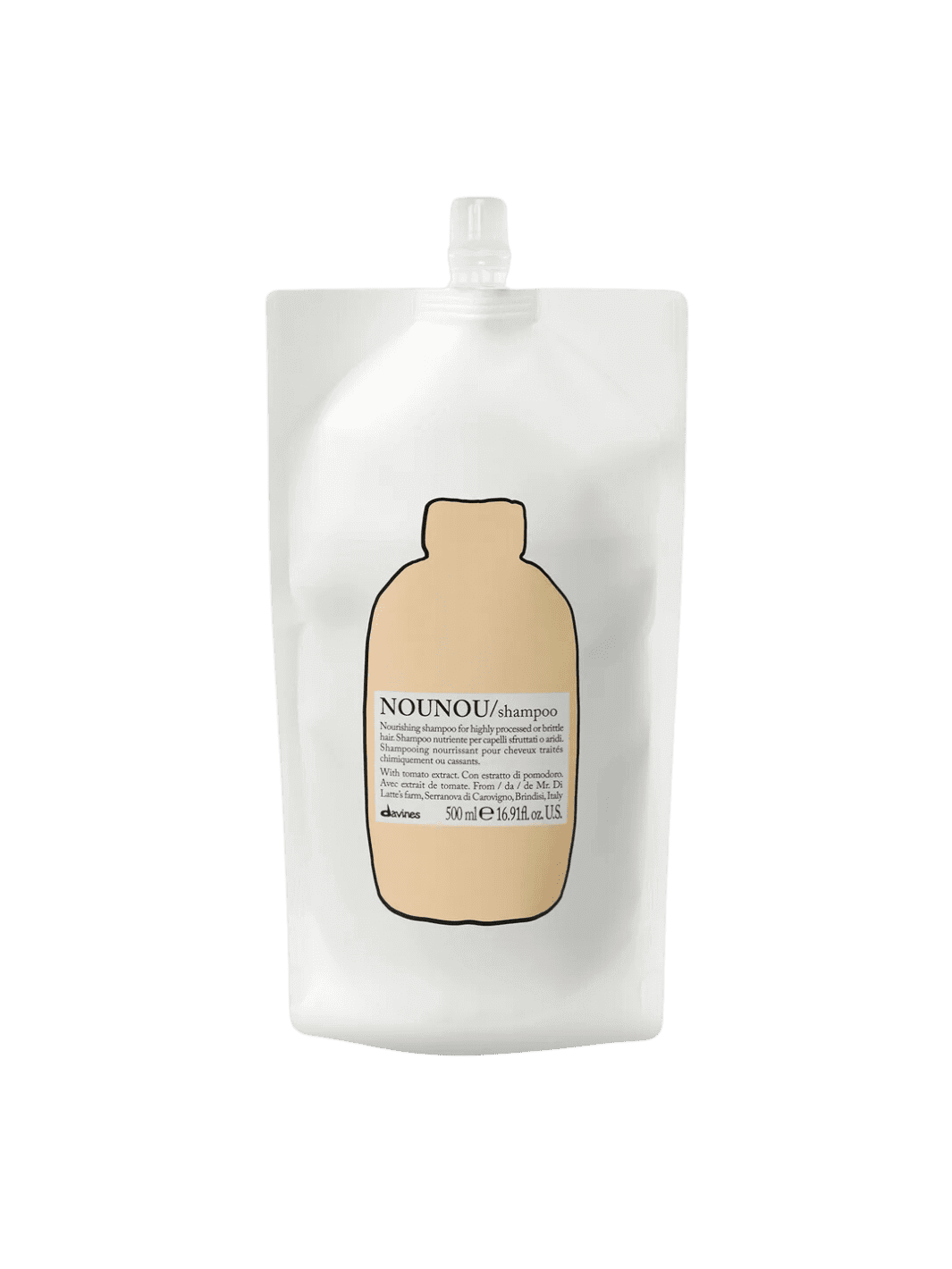 Nounou Shampoo Refill pouch for damaged hair, featuring tomato extract for intense hydration and repair.