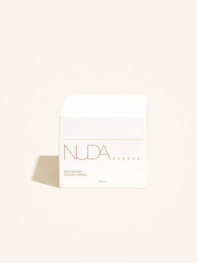 Nuda Canada Body Exfoliant jar with minimalist design on a neutral background.