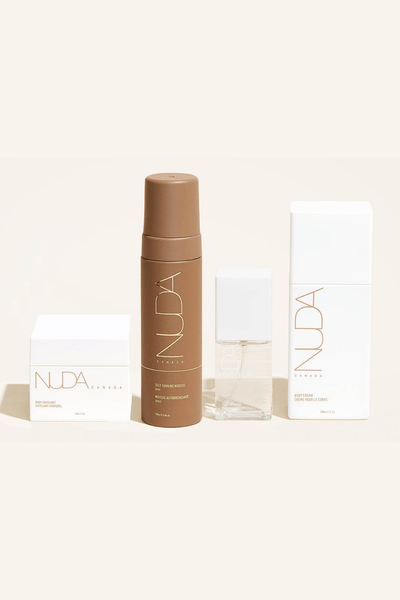 Nuda Routine Kit showcasing self-tanning mousse, body cream, and face tanner for a customizable, radiant glow.